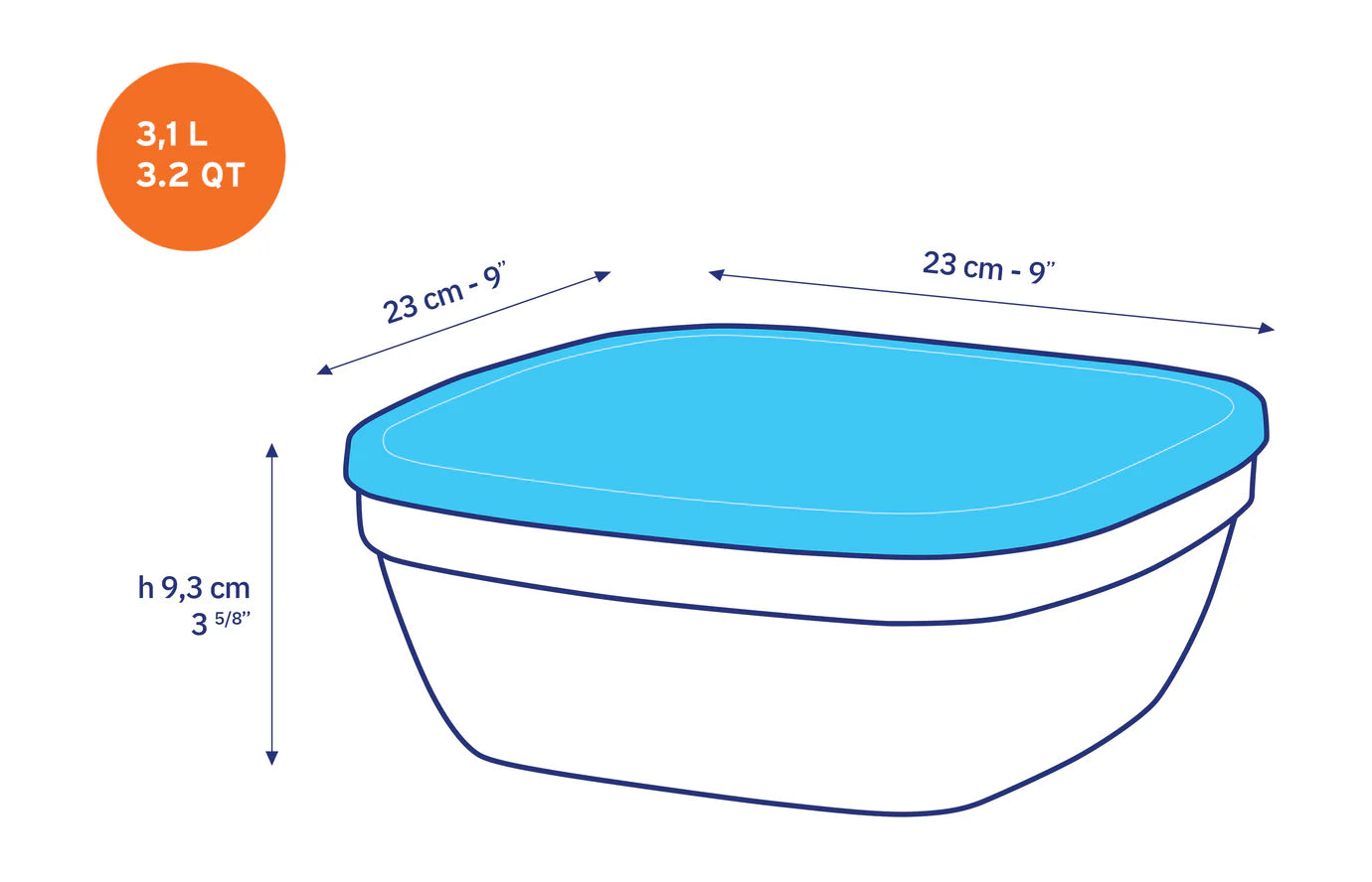 Freshbox - Boite de conservation carrée couvercle bleu 3,1L