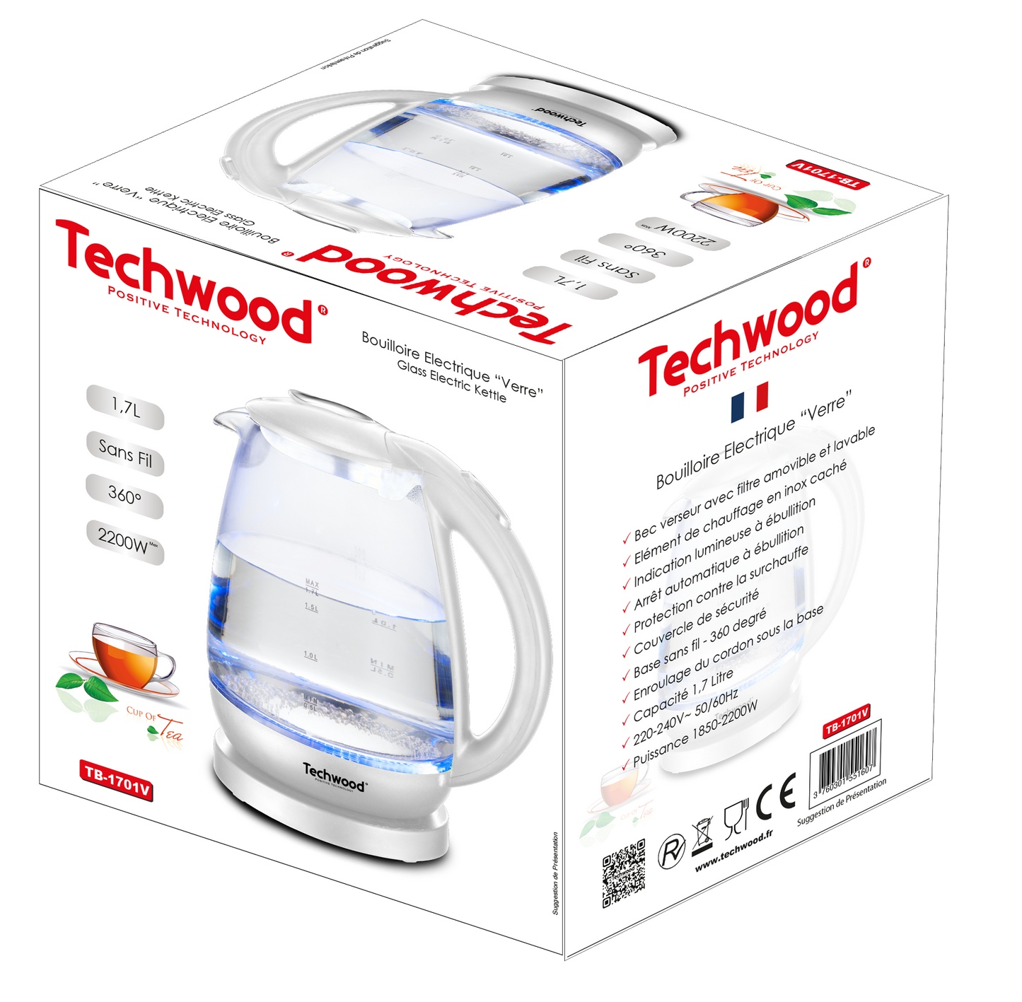 Bouilloire 1,7L VERRE - TB-1701V TECHWOOD